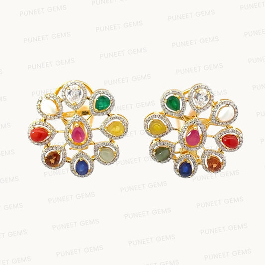 Natural Navratan Silver Earrings – Handcrafted 925 Sterling Silver with 9 Sacred Gemstones