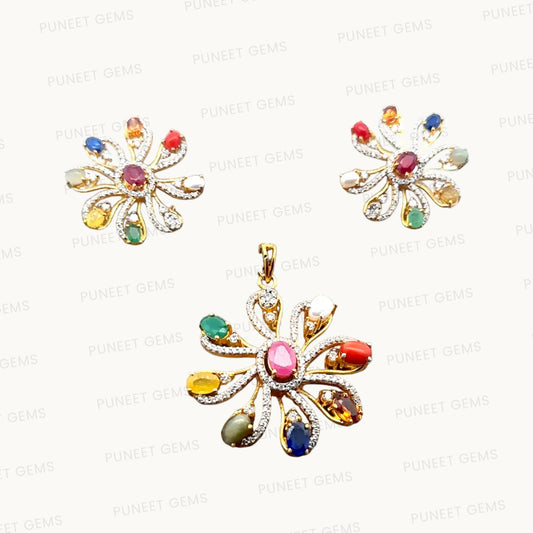 Natural Navratan Silver Pendant Set – 925 Sterling Silver with 9 Sacred Gemstones (Pendant + Earrings)