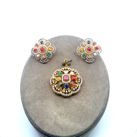 Natural Navratan Silver Pendant Set – 925 Sterling Silver with 9 Sacred Gemstones (Pendant + Earrings)