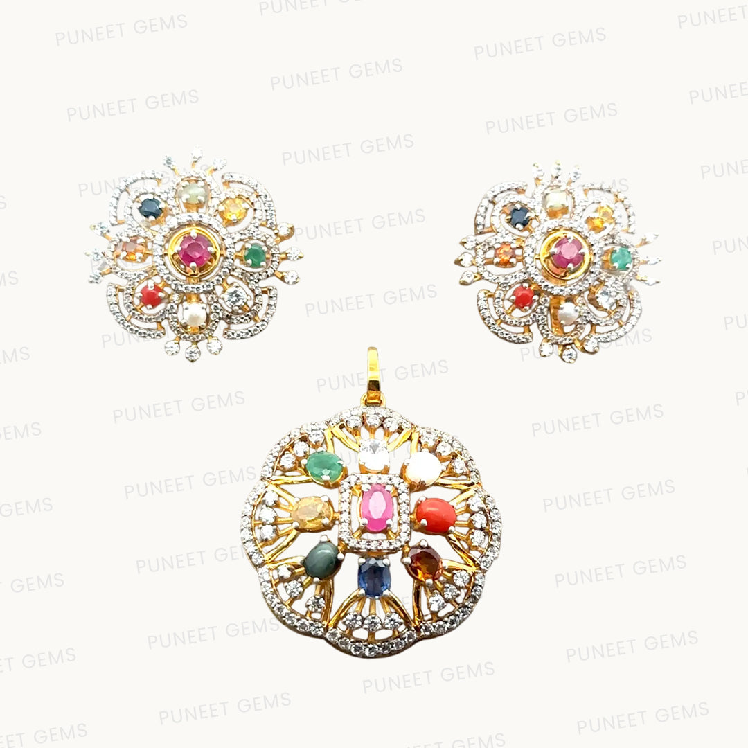 Natural Navratan Silver Pendant Set – 925 Sterling Silver with 9 Sacred Gemstones (Pendant + Earrings)