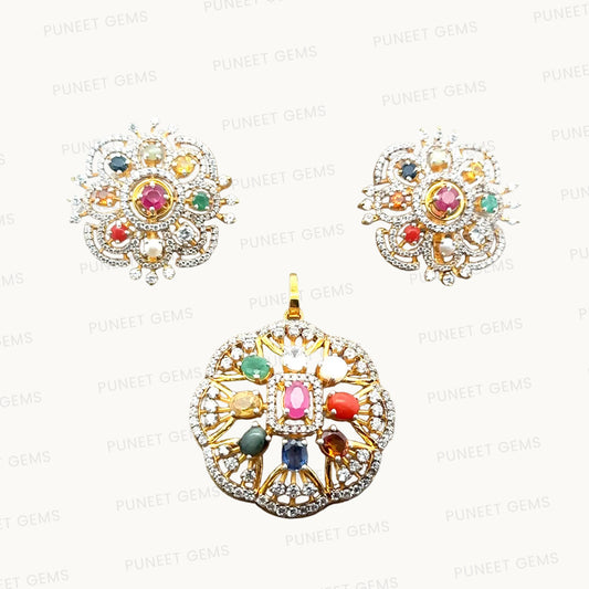 Natural Navratan Silver Pendant Set – 925 Sterling Silver with 9 Sacred Gemstones (Pendant + Earrings)