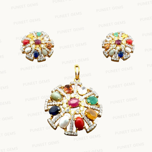 Natural Navratan Silver Pendant Set – 925 Sterling Silver with 9 Sacred Gemstones (Pendant + Earrings)
