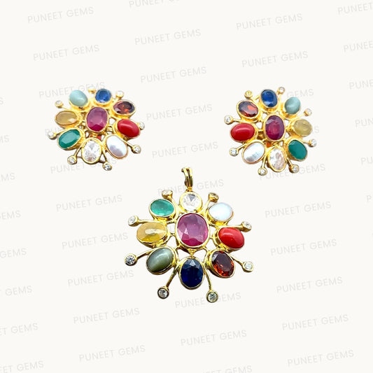 Natural Navratan Silver Pendant Set – 925 Sterling Silver with 9 Sacred Gemstones (Pendant + Earrings)