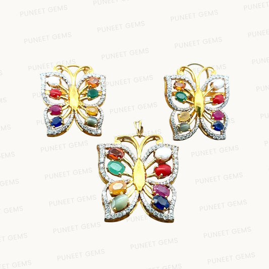 Natural Navratan Silver Pendant Set – 925 Sterling Silver with 9 Sacred Gemstones (Pendant + Earrings)