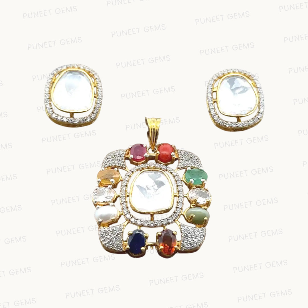 Natural Navratan Silver Pendant Set – 925 Sterling Silver with 9 Sacred Gemstones (Pendant + Earrings)