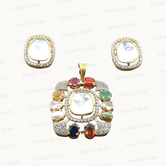Natural Navratan Silver Pendant Set – 925 Sterling Silver with 9 Sacred Gemstones (Pendant + Earrings)