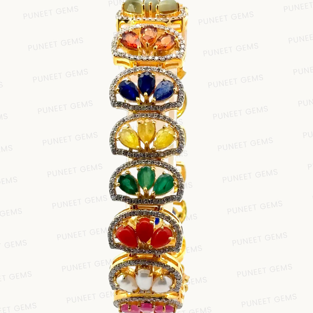 Natural Navratan Silver Bracelet – 925 Sterling Silver with 9 Certified Gemstones