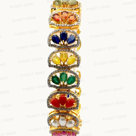 Natural Navratan Silver Bracelet – 925 Sterling Silver with 9 Certified Gemstones