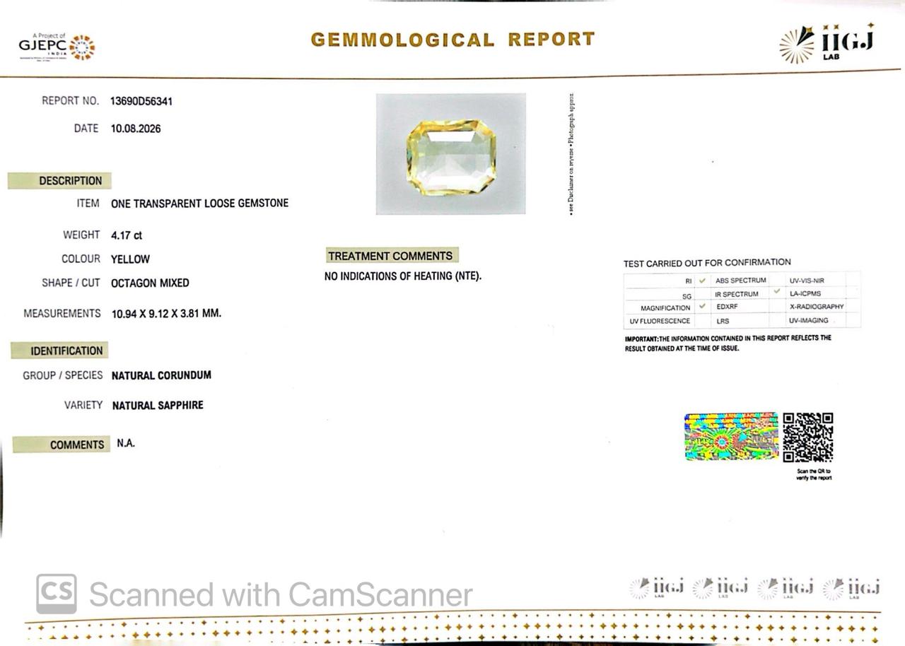 Natural Yellow Sapphire (Pukhraj) 4.17 CT - Certified
