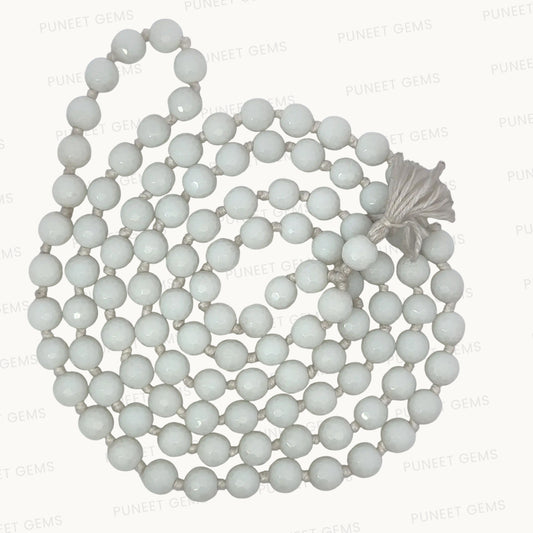 White Agate Cutting Mala – 108 Beads for Purity & Calm