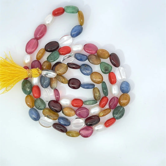 Natural Navratan Mala – Handcrafted Necklace with 9 Certified Gemstones