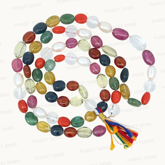 Natural Navratan Mala – Handcrafted Necklace with 9 Certified Gemstones