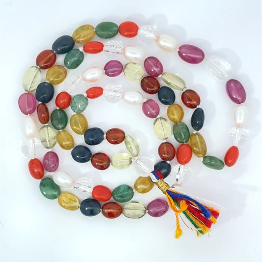 Natural Navratan Mala – Handcrafted Necklace with 9 Certified Gemstones