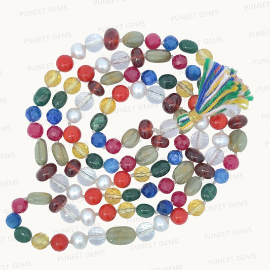 Natural Navratan Mala – Handcrafted Necklace with 9 Certified Gemstones