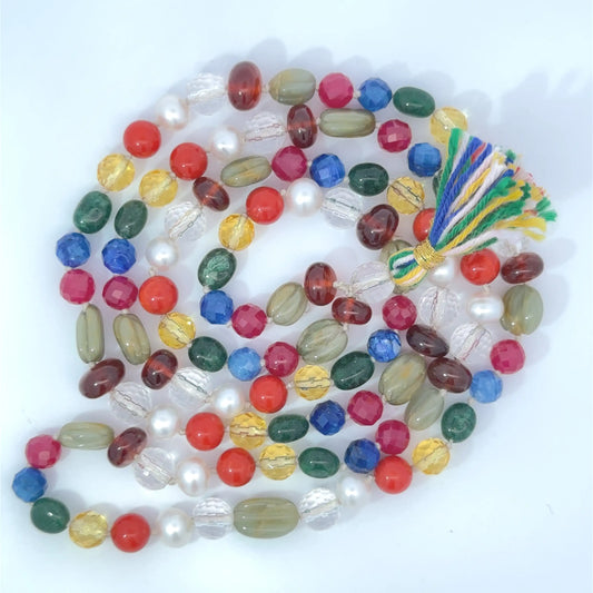 Natural Navratan Mala – Handcrafted Necklace with 9 Certified Gemstones
