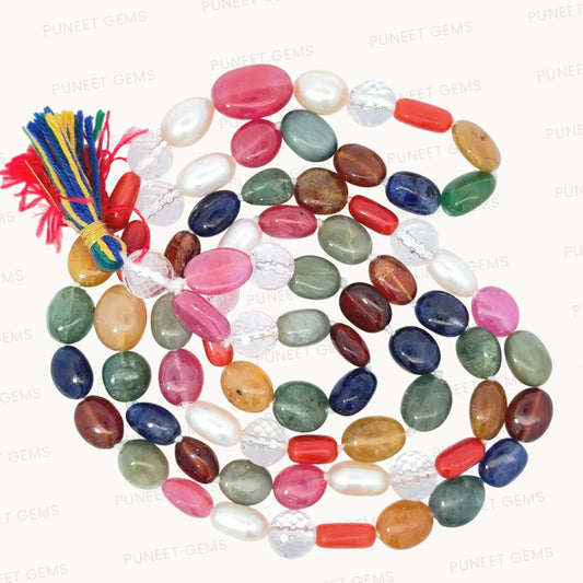 Natural Navratan Mala – Handcrafted Necklace with 9 Certified Gemstones
