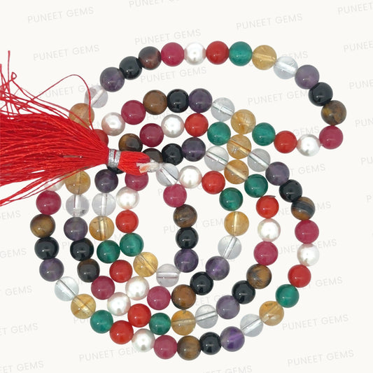 Natural Navratan Mala – Handcrafted Necklace with 9 Certified Gemstones