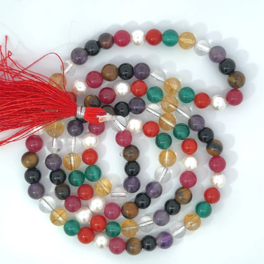 Natural Navratan Mala – Handcrafted Necklace with 9 Certified Gemstones