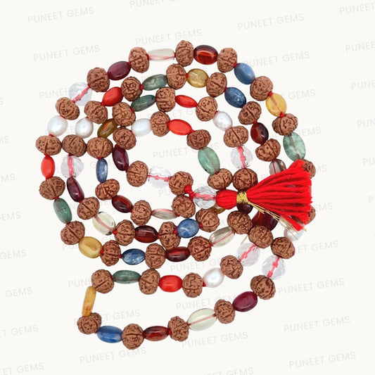 Natural Navratan with Rudraksha Mala – 9 Gemstones &amp; 5 Mukhi Rudraksha Beads for Spiritual Balance & Energy