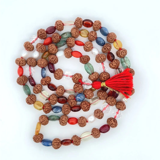 Natural Navratan with Rudraksha Mala – 9 Gemstones &amp; 5 Mukhi Rudraksha Beads for Spiritual Balance & Energy
