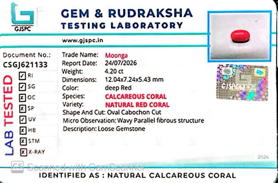 Natural Red Coral (Moonga) – Italy Origin – Certified & Untreated Gemstone for Mars Energy 4.20 CT