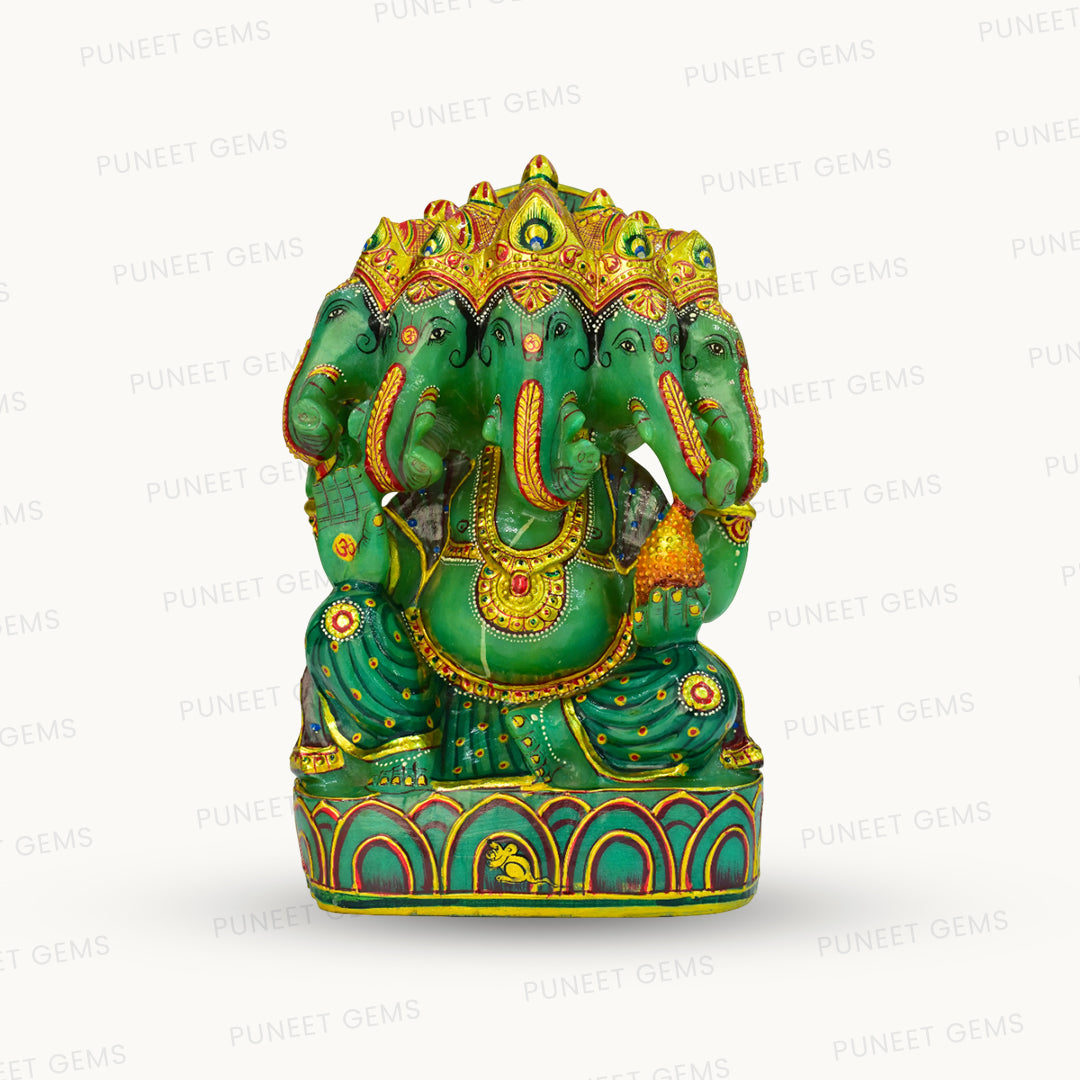 Green Zed Stone Panch Mukhi Ganesh Ji Figure – Five-Faced Divine Protection in Elegant Stone 7.493 kg
