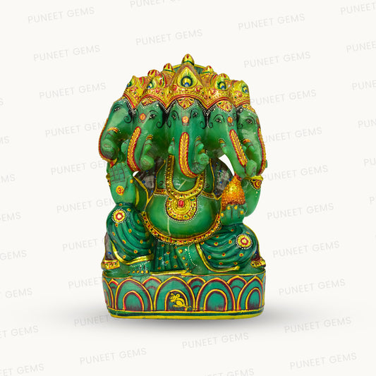 Green Zed Stone Panch Mukhi Ganesh Ji Figure – Five-Faced Divine Protection in Elegant Stone 7.493 kg