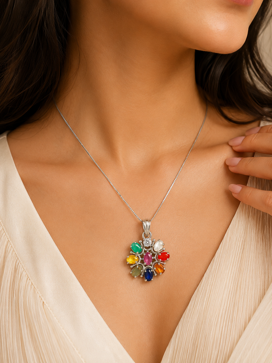 Natural Navratan Silver Pendant – Nine Gems, One Powerful Symbol