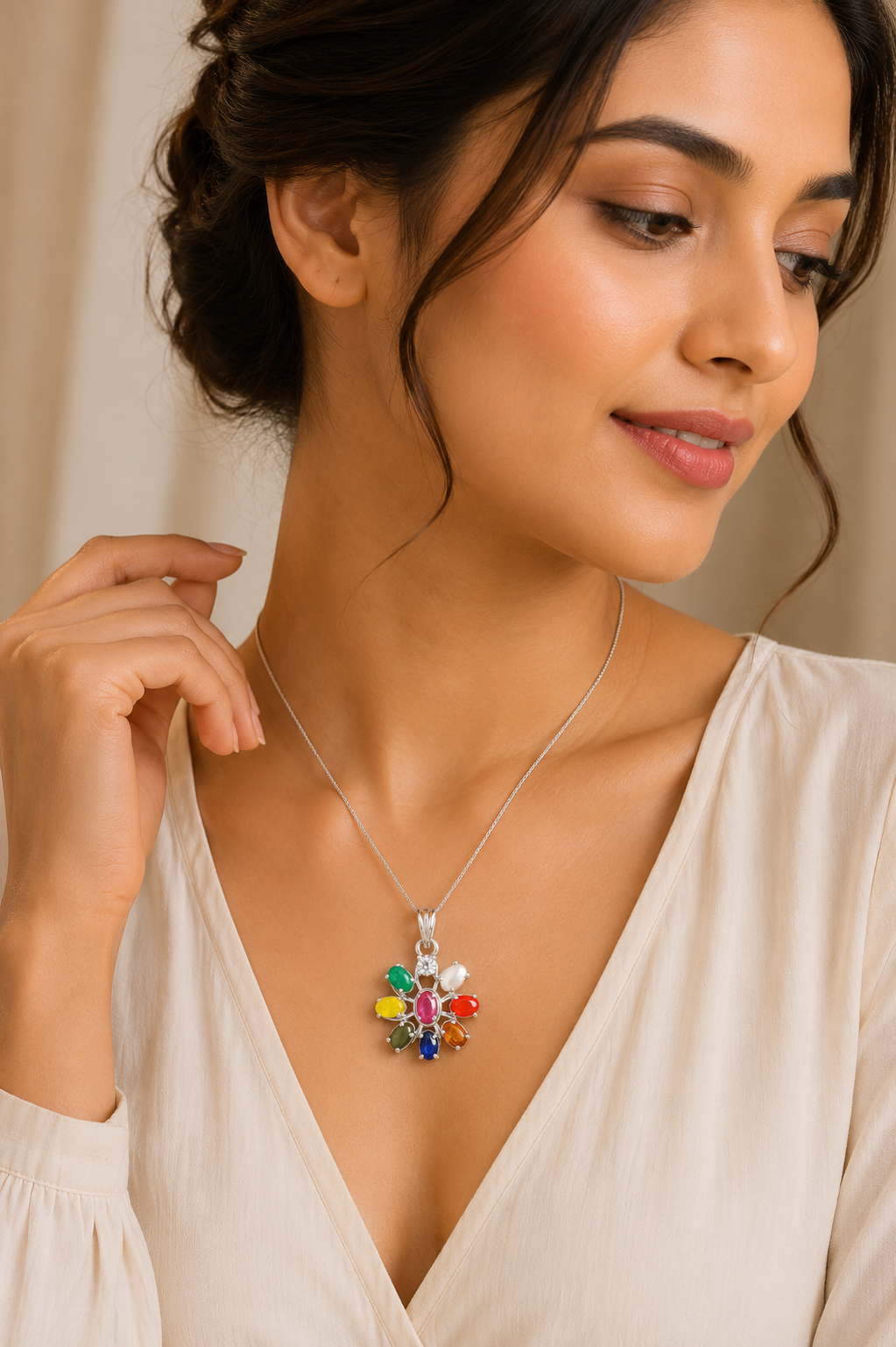 Natural Navratan Silver Pendant – Nine Gems, One Powerful Symbol
