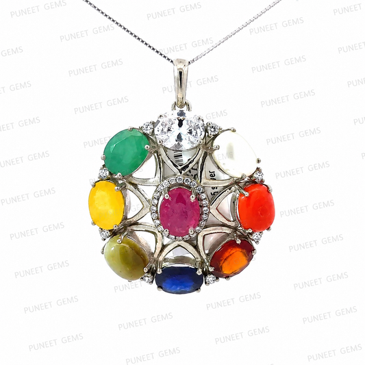 Natural Navratan Silver Pendant – Nine Gems, One Powerful Symbol