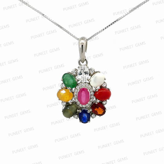 Natural Navratan Silver Pendant – Nine Gems, One Powerful Symbol