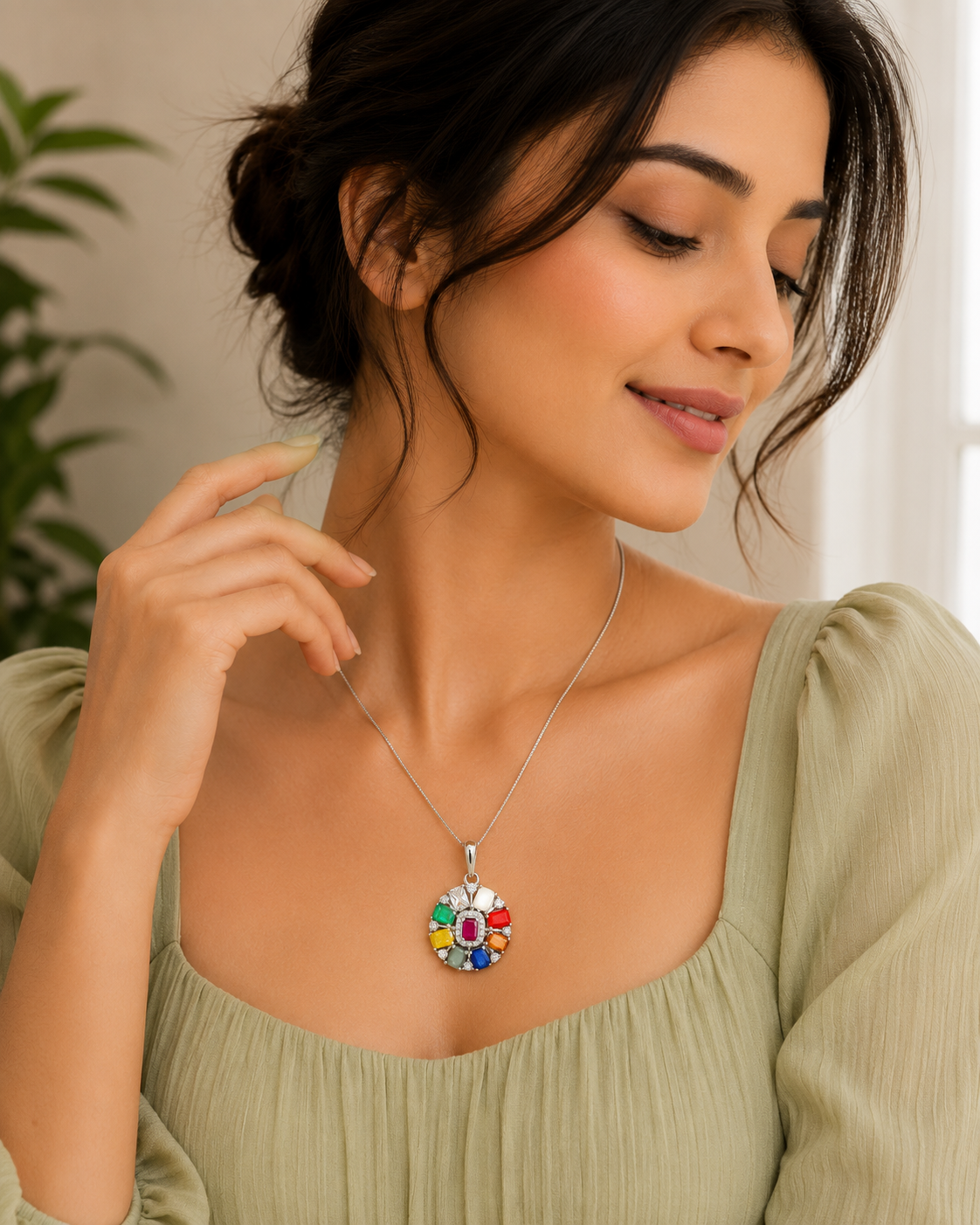 Natural Navratan Silver Pendant – Nine Gems, One Powerful Symbol