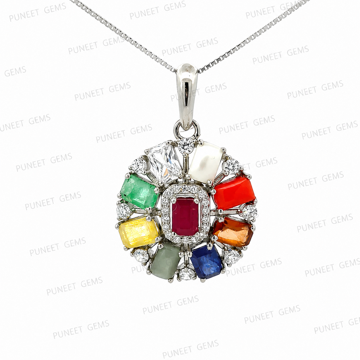 Natural Navratan Silver Pendant – Nine Gems, One Powerful Symbol