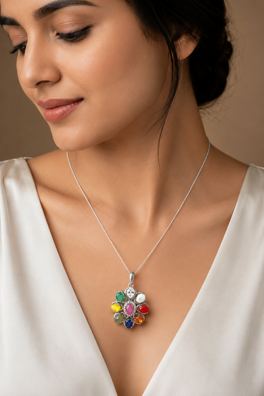 Natural Navratan Silver Pendant – Nine Gems, One Powerful Symbol