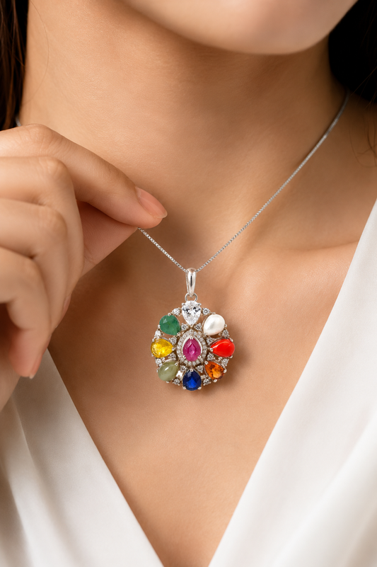 Natural Navratan Silver Pendant – Nine Gems, One Powerful Symbol