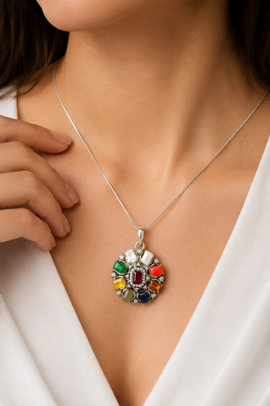 Natural Navratan Silver Pendant – Nine Gems, One Powerful Symbol