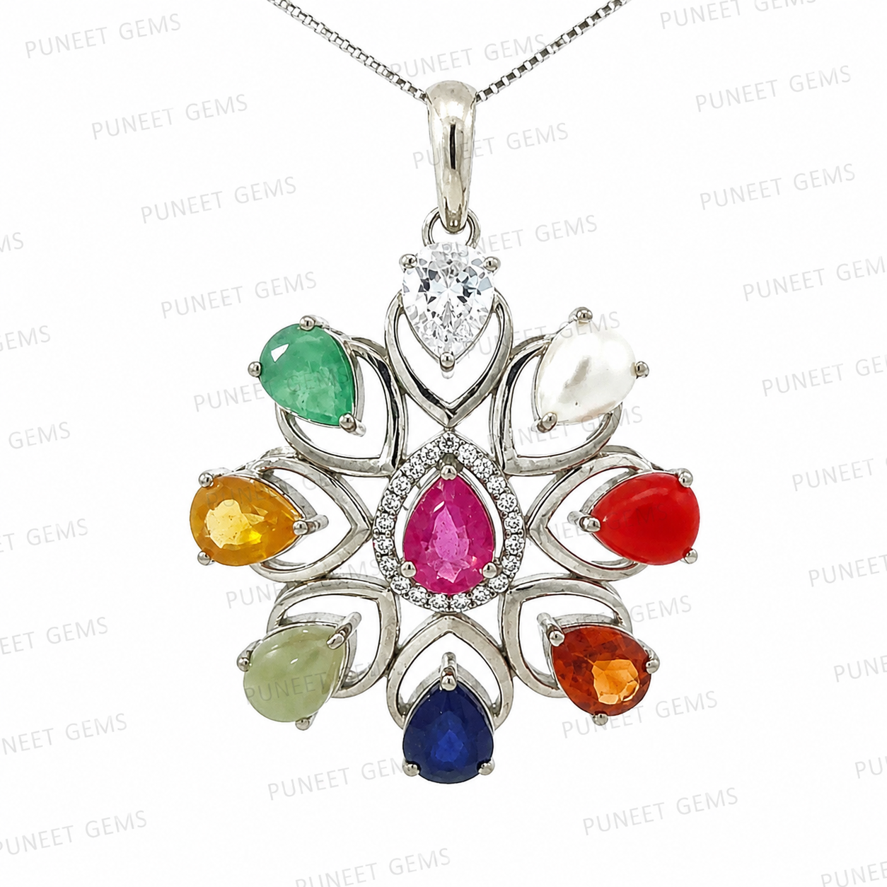Natural Navratan Silver Pendant – Nine Gems, One Powerful Symbol