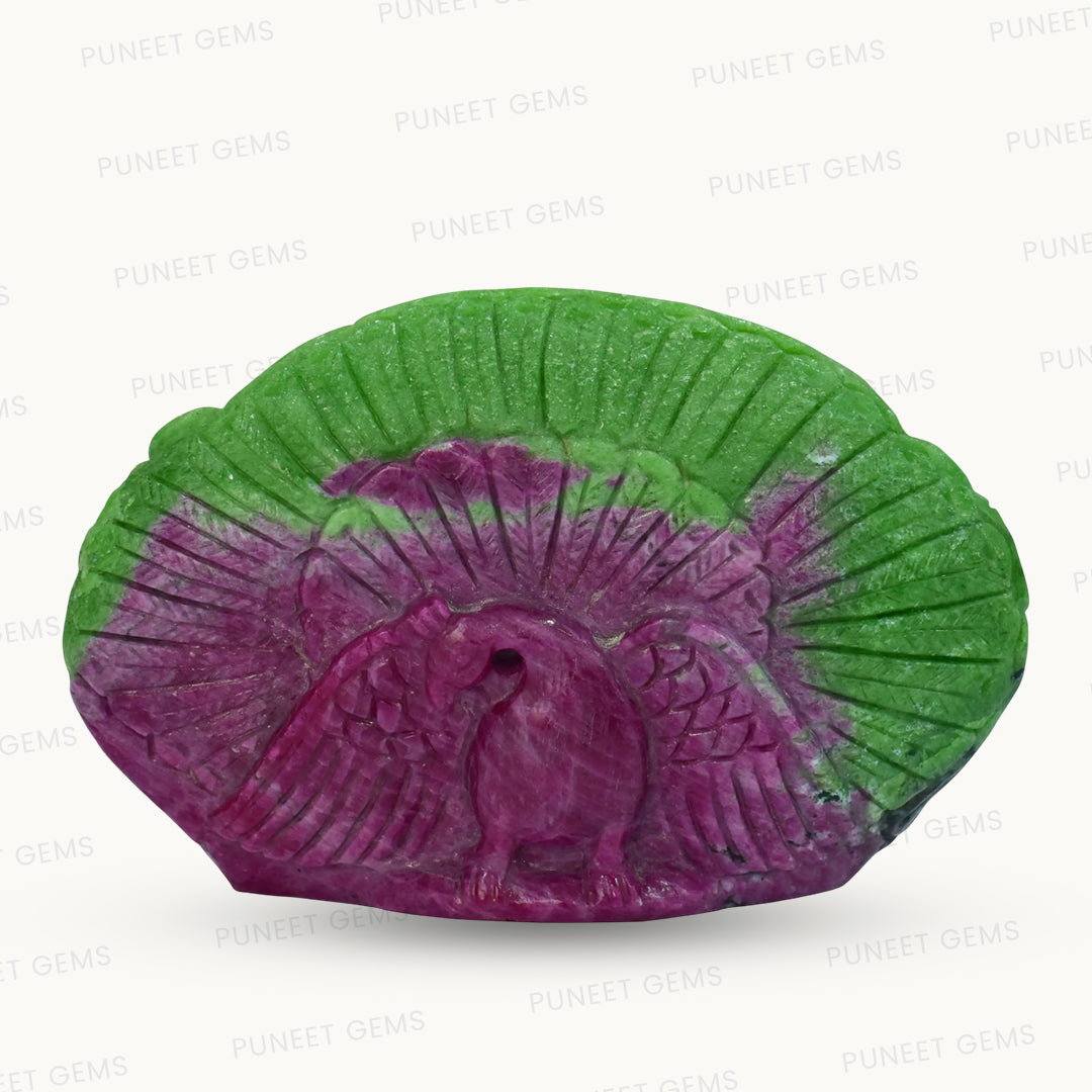 Natural Ruby Laxmi Ganesh Saraswati Ji with Peacock Back Figure 1261.83 CT