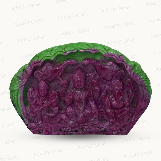 Natural Ruby Laxmi Ganesh Saraswati Ji with Peacock Back Figure 1261.83 CT