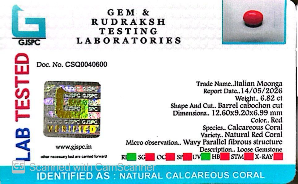 Natural Red Coral (Moonga) – Italy Origin – Certified & Untreated Gemstone for Mars Energy 6.82 CT