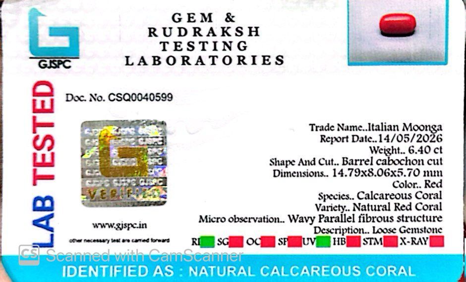 Natural Red Coral (Moonga) – Italy Origin – Certified & Untreated Gemstone for Mars Energy 6.40 CT