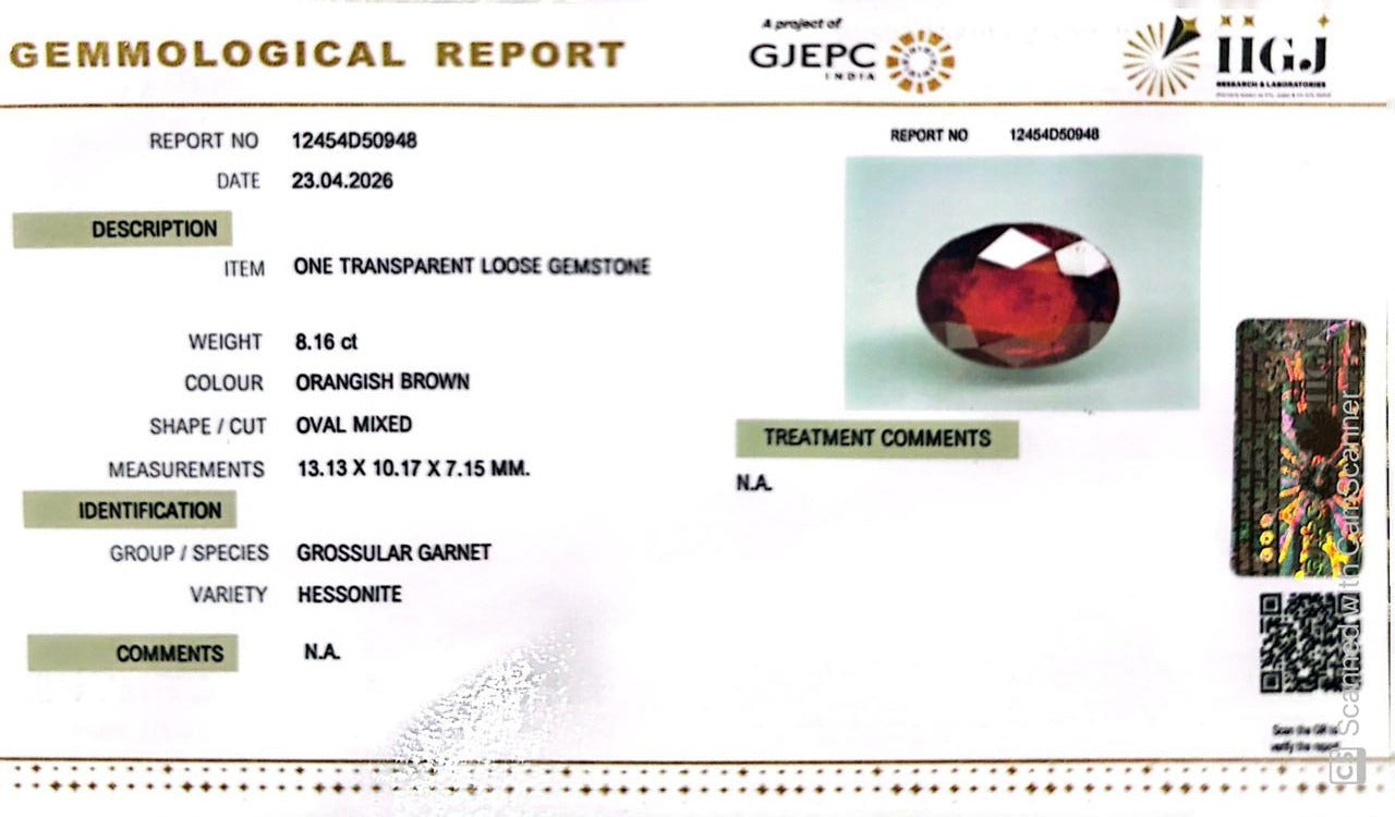 Siloni Gomed Gemstone – Natural Hessonite for Rahu Protection & Success 8.16 CT