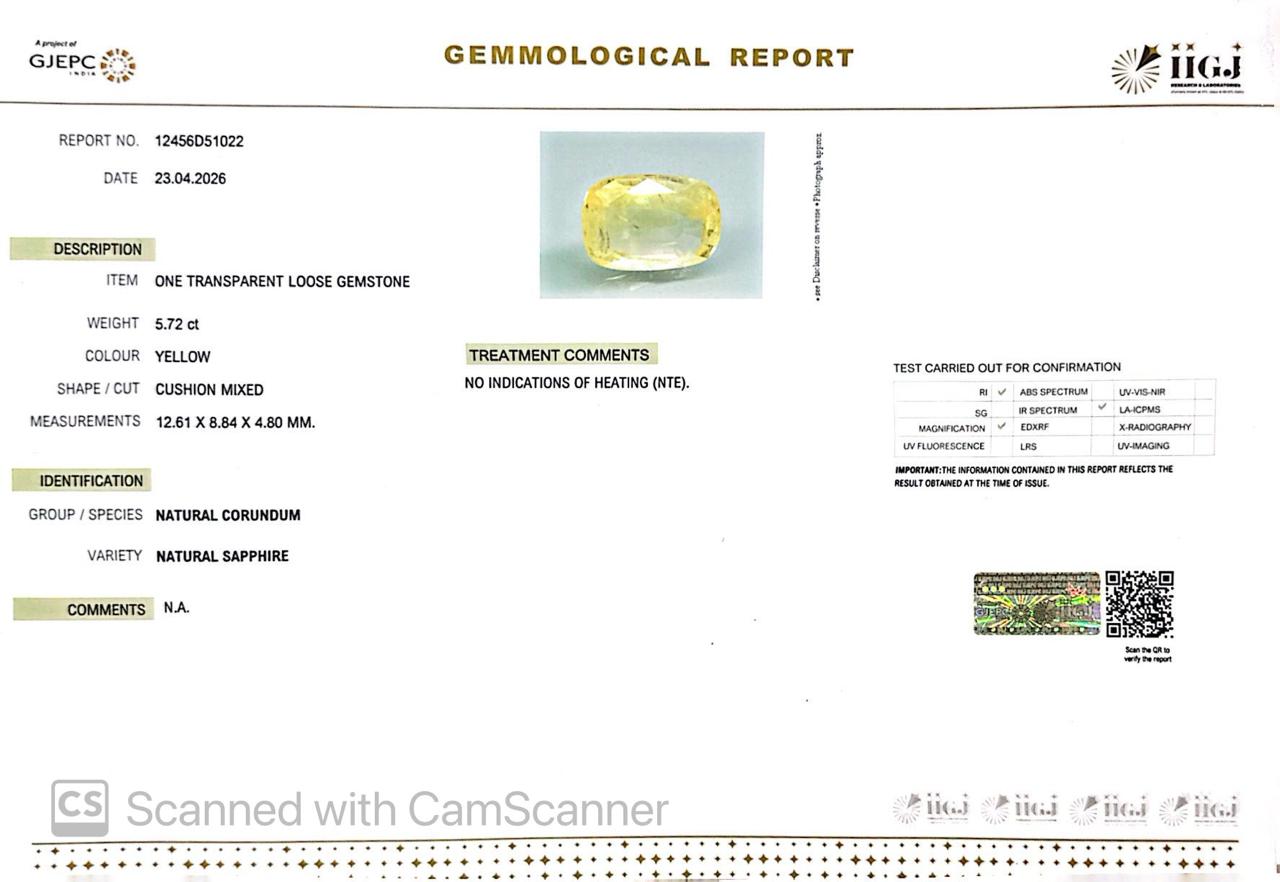 Natural Yellow Sapphire (Pukhraj) – Prosperity, Wisdom & Jupiter’s Blessing 5.72 CT