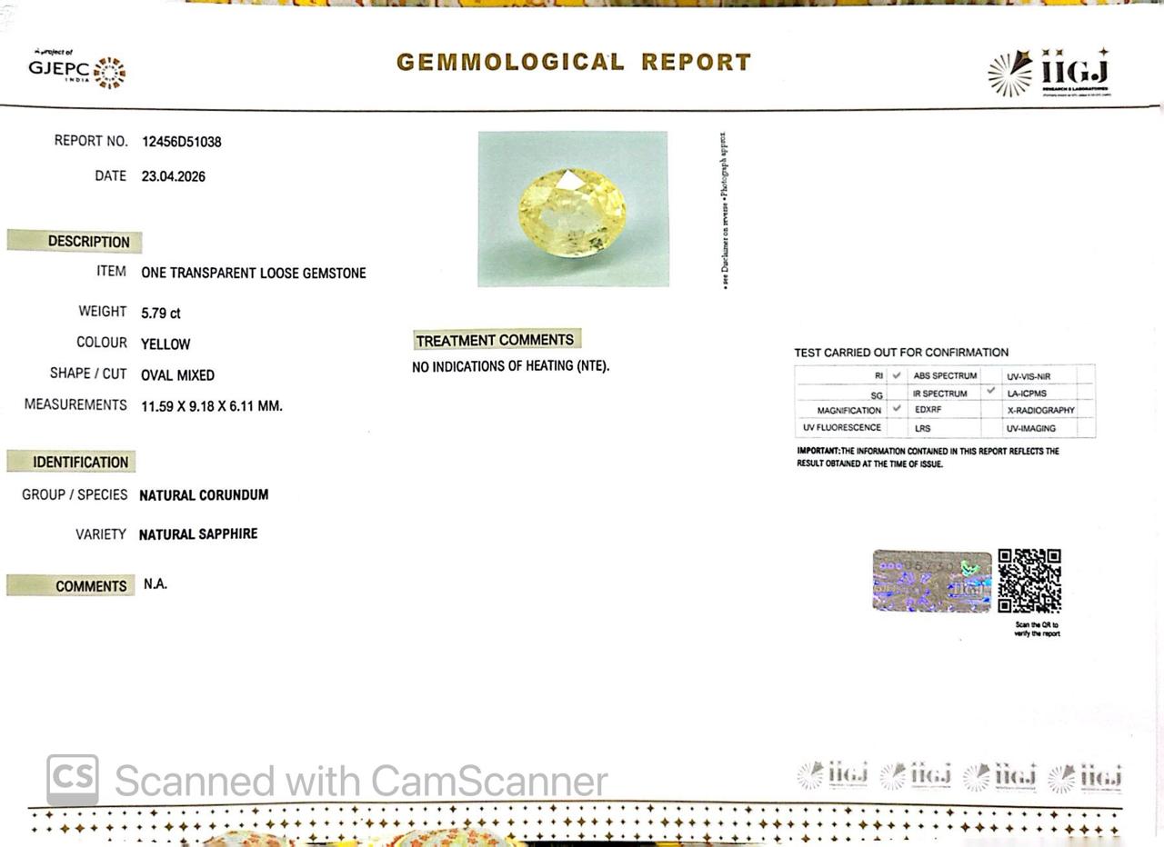 Natural Yellow Sapphire (Pukhraj) – Prosperity, Wisdom & Jupiter’s Blessing 5.79 CT