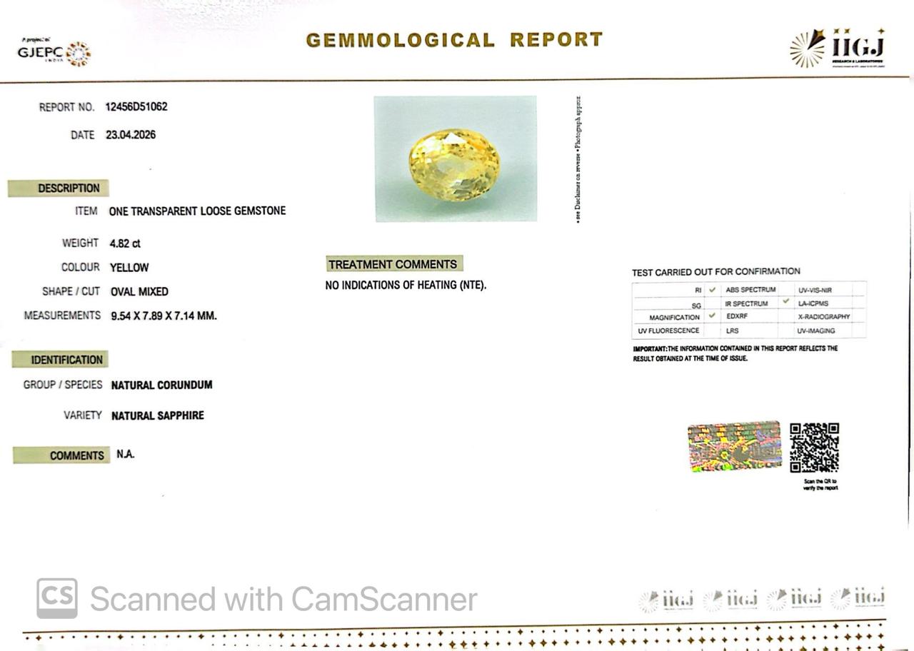 Natural Yellow Sapphire (Pukhraj) – Prosperity, Wisdom & Jupiter’s Blessing 4.82 CT