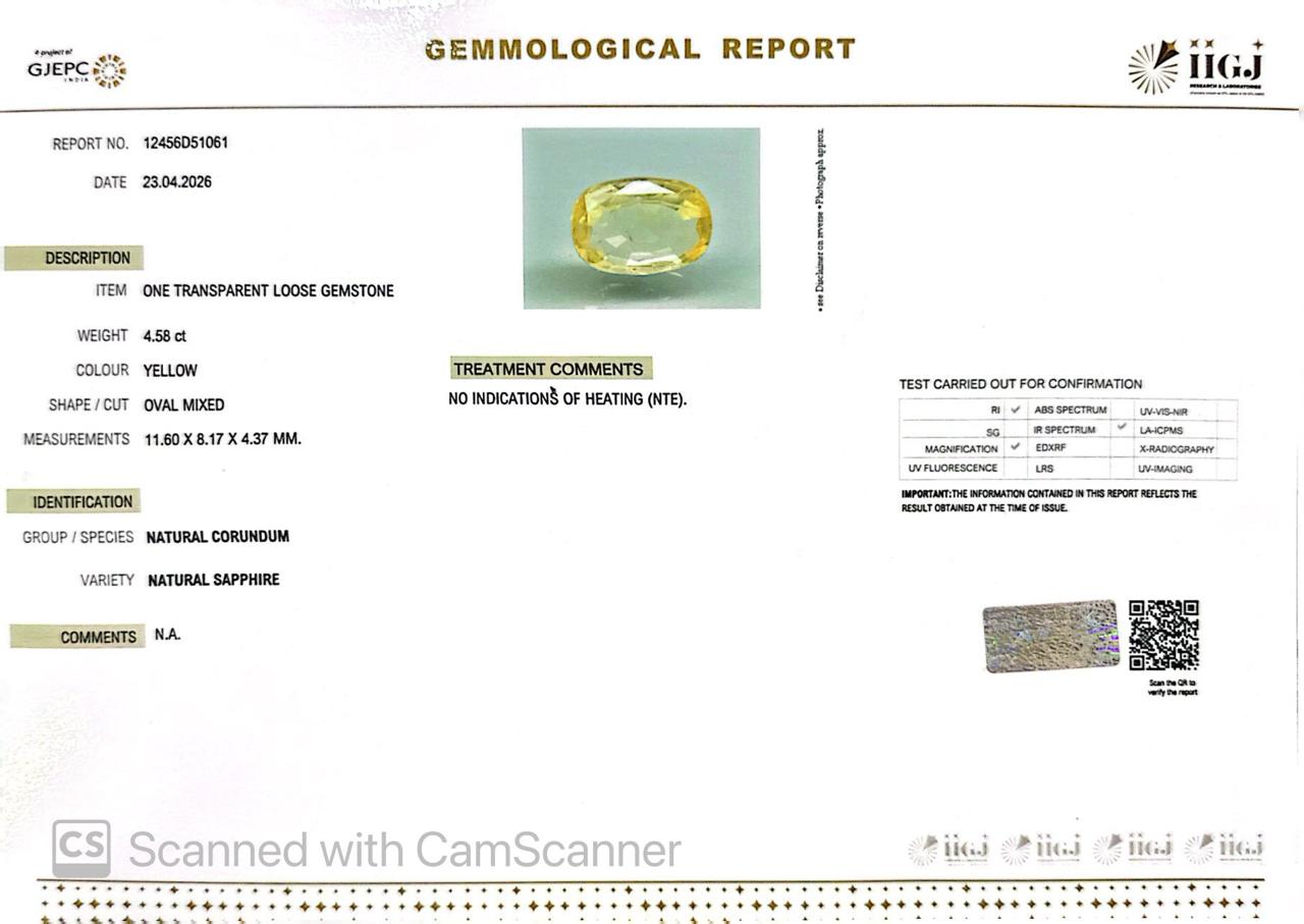 Natural Yellow Sapphire (Pukhraj) – Prosperity, Wisdom & Jupiter’s Blessing 4.58 CT