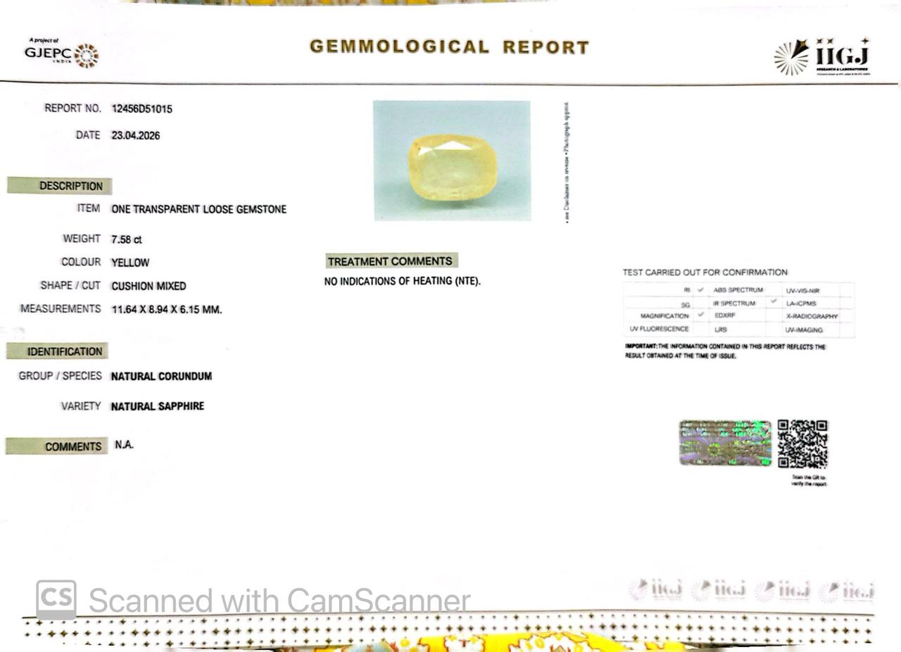 Natural Yellow Sapphire (Pukhraj) – Prosperity, Wisdom & Jupiter’s Blessing 7.58 CT