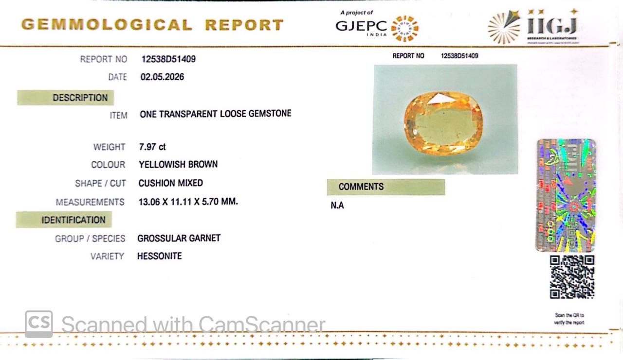 Yellow Gomed (Hessonite Garnet) – Natural Gemstone for Strength, Protection & Stability 7.97 CT