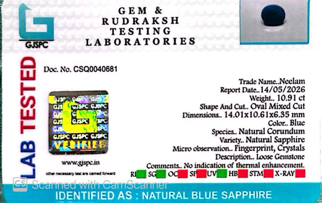 Indian Blue Sapphire Gemstones – Power, Protection & Planetary Precision 10.91 CT