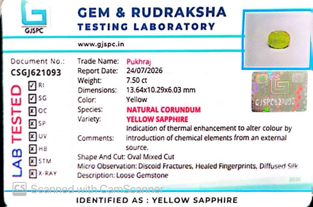 Natural Yellow Sapphire (Thailand) – Prosperity, Wisdom & Jupiter’s Blessing 7.50 CT